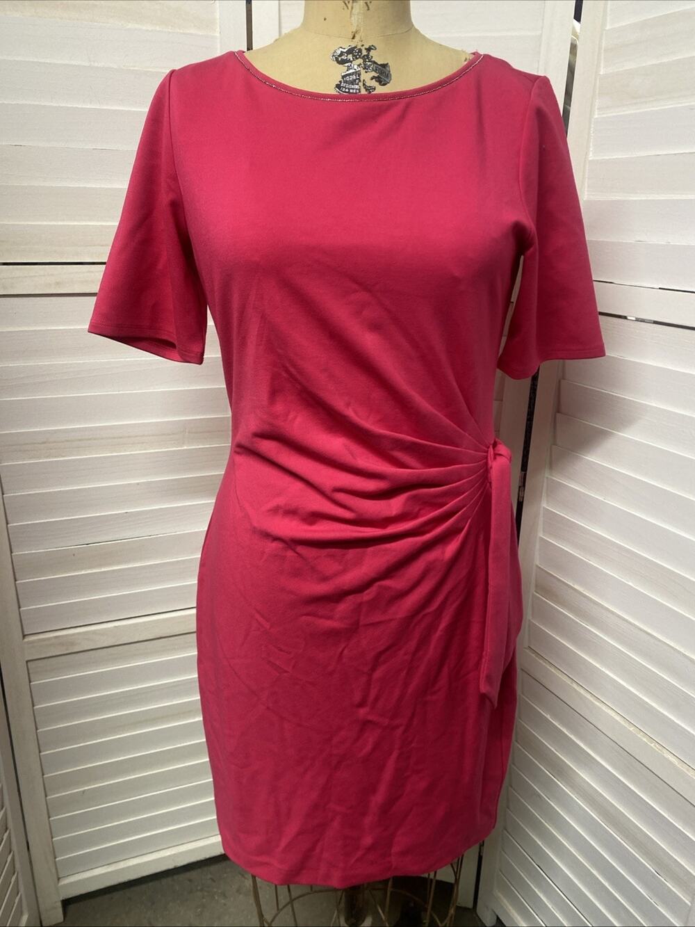 NWT $84 White House Black Market Dress Short Sleeve Pencil Knit Midi Pink Med